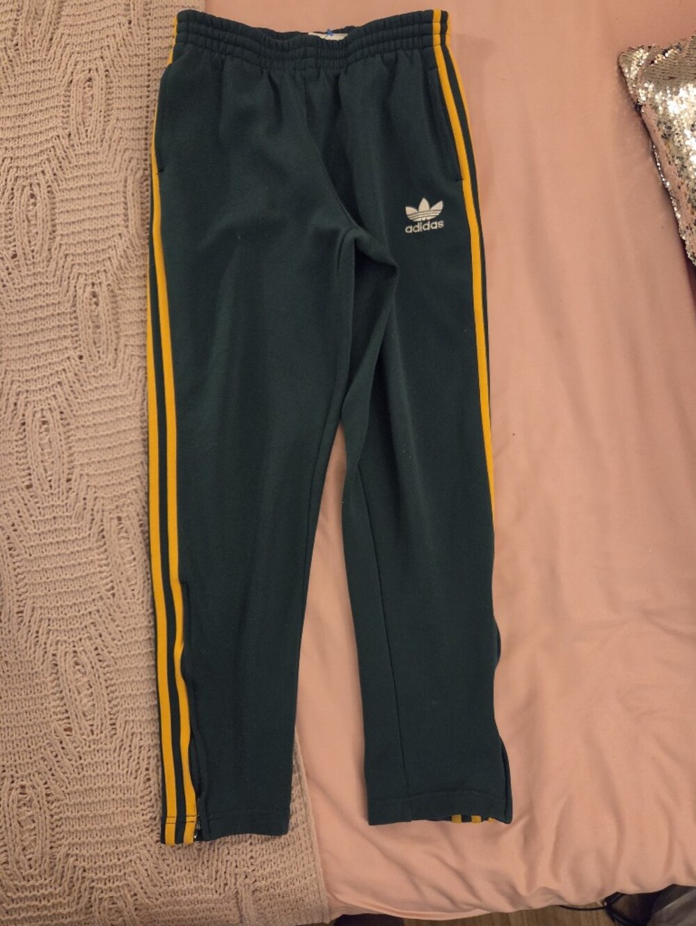 Adidas Green Track Pants with Yellow Stripes
